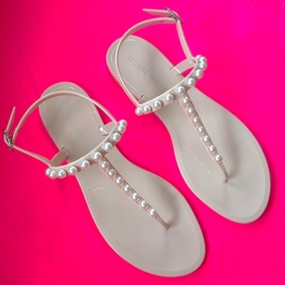 Brand New Stuart Weitzman Goldie Pearly Stud Jelly Sandals Ankle Strap Neutral - Picture 12 of 12